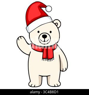 Entzückende Vektor-Illustration eines fröhlichen Eisbären, der einen Weihnachtsmütze und einen roten Schal trägt, hallo winkt, perfekt für festliche Designs. Stock Vektor