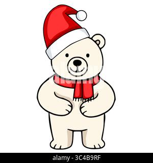 Entzückende Vektor-Illustration eines fröhlichen Eisbären mit Weihnachtsmütze und rotem Schal, perfekt für Weihnachtskarten oder Wintermotive. Stock Vektor