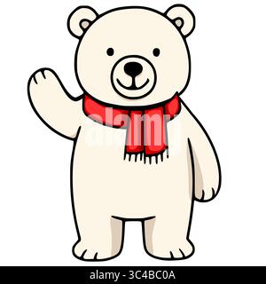 Entzückende Vektor-Illustration eines freundlichen Eisbären, der einen roten Schal trägt, hallo winkt, perfekt für Kinderbücher, Wintermotive oder Urlaub Stock Vektor