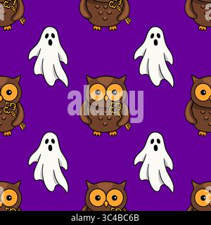 Nahtloses Vektor-Halloween-Muster mit niedlichen braunen Eulen, die goldene Schlüssel und freundliche weiße Geister auf einem leuchtenden lila Hintergrund halten, ideal für fe Stock Vektor