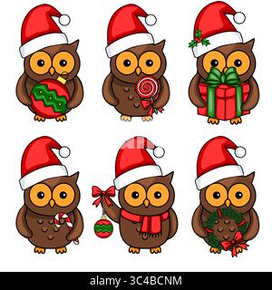 Entzückende Vektor-Illustration von sechs Weihnachts-Eulen in Santa-Hüten, die jeweils einen anderen festlichen Gegenstand halten: kugel, Lutscher, Geschenk, Zuckerrohr, Ornament, Stock Vektor
