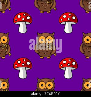 Nahtloses Vektormuster mit entzückenden Cartoon-Eulen mit goldenen Schlüsseln und leuchtenden roten Toadstools vor einem satten lila Hintergrund, was einen wh schafft Stock Vektor