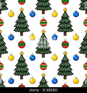 Nahtloses Vektor-Weihnachtsmuster mit stilisierten Tannen, gelben und blauen Kugeln und rot gestreiften Ornamenten, die ein fröhliches festliches Design schaffen. Stock Vektor
