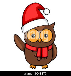 Festliche Vektor-Illustration einer niedlichen Karikatureule, die einen Weihnachtsmann-Hut und roten Schal trägt und hallo winkt. Stock Vektor