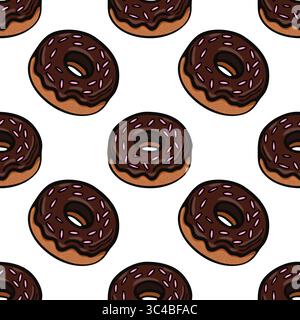 Ein nahtloses Vektor-Muster mit Schokoladen-Donuts im Cartoon-Stil mit rosa Streuseln auf weißem Hintergrund. Die Donuts sind mit einem Spiel dargestellt Stock Vektor
