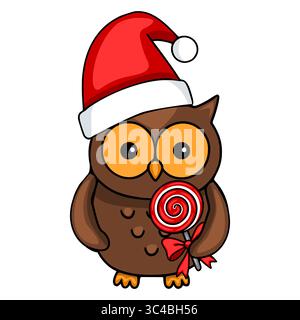 Entzückende Vektor-Illustration einer braunen Eule, die einen Weihnachtsmann-Hut trägt und einen roten Lutscher hält, perfekt für weihnachtliche Designs. Stock Vektor