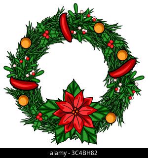 Festliche Weihnachtskranz Vektor-Illustration mit Weihnachtsstern, stechpalme, Tannenzweigen und Ornamenten, perfekt für Feiertagsdesigns und -Karten. Stock Vektor