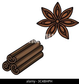 Aromatische Gewürze Vektor-Illustration: Detaillierte Darstellung von Sternanis und Zimtstäbchen, die ihre komplizierten Texturen und warmen Brauntöne zeigen, ID Stock Vektor
