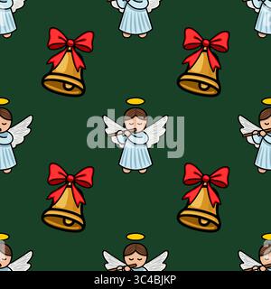 Nahtloses Vektor-Weihnachtsmuster mit bezaubernden Engeln, die Flöten spielen, und goldenen Glocken mit roten Bögen auf tiefgrünem Hintergrund, wodurch ein festi entsteht Stock Vektor