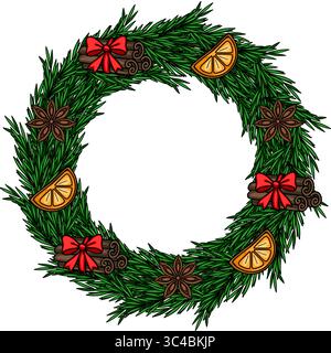 Festliche Weihnachtskranz Vektor-Illustration mit einer kreisförmigen Anordnung von lebhaften grünen Kiefernzweigen, geschmückt mit aromatischen Zimtstäbchen ti Stock Vektor