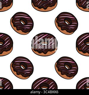 Ein nahtloses Vektor-Muster mit illustrierten Donuts mit Schokoladenfrosting und rosa Glasur auf weißem Hintergrund. Die Donuts sind gleichmäßig verteilt, cr Stock Vektor