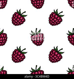 Ein nahtloses Vektor-Muster mit stilisierten Himbeeren mit grünen Blättern auf weißem Hintergrund. Das Design ist lebendig und verspielt, ideal für Textil Stock Vektor