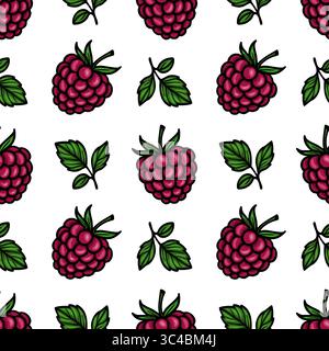 Ein nahtloses Vektormuster mit leuchtenden Himbeeren und grünen Blättern auf weißem Hintergrund. Das Design zeigt die Früchte in verschiedenen Richtungen Stock Vektor
