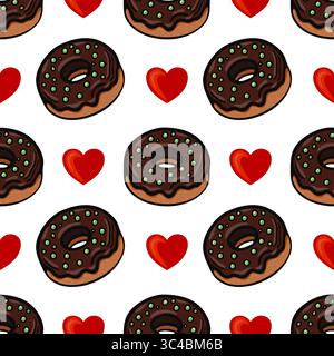 Ein verspieltes Muster mit Schokoladen-Donuts mit grünen Streuseln und roten Herzen auf weißem Hintergrund. Ideal für kulinarische Designs oder romantische Okka Stock Vektor