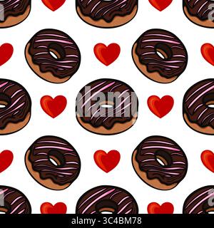 Ein verspieltes Muster mit Schokoladen-Donuts mit rosa Zuckerglasur und roten Herzen auf weißem Hintergrund. Das Design ist lebendig und unterhaltsam und perfekt für den Verzehr Stock Vektor