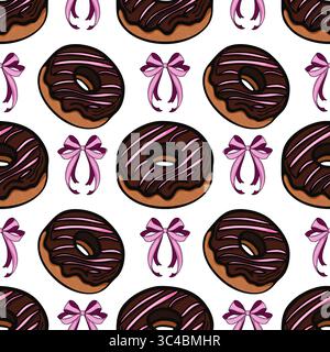 Ein nahtloses Vektor-Muster mit Schokoladendonuts mit rosa Glasur und dekorativen Schleifen. Das Design ist verspielt und farbenfroh und eignet sich für verschiedene fe Stock Vektor