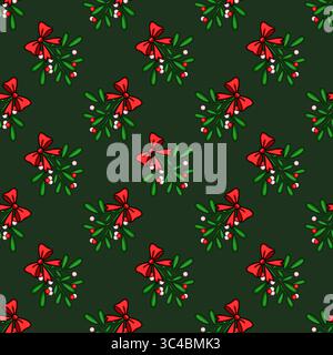 Nahtloses Vektormuster von Mistelzweigen, die mit roten Schleifen verziert sind, vor einem tiefgrünen Hintergrund, perfekt für festliche Weihnachtsdesigns. Stock Vektor