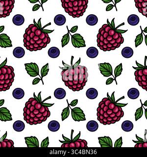 Ein nahtloses Vektormuster mit leuchtenden Himbeeren und Heidelbeeren mit grünen Blättern auf weißem Hintergrund. Stock Vektor