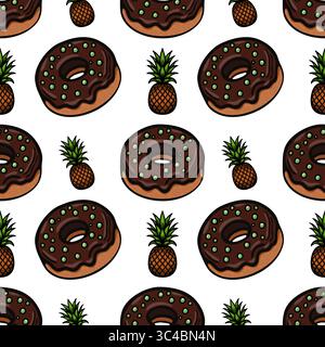 Ein lustiges und farbenfrohes Muster mit Schokoladen-Donuts mit grünen Streuseln und Ananas auf weißem Hintergrund. Ideal für lebensmittelbezogene Designs oder pla Stock Vektor