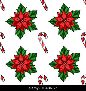 Nahtloses Vektor-Weihnachtsmuster mit leuchtenden Weihnachtsstern und Bonbons, ideal für festliche Designs und Weihnachtsverpackungspapier. Stock Vektor