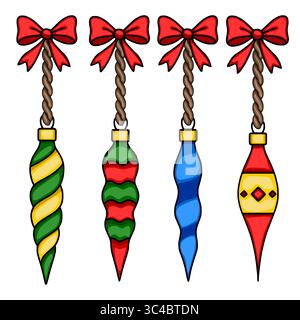 Set aus vier Vektor-Weihnachtsschmuck mit verdrehtem Seil und roten Schleifen, mit einzigartigen Spiralen- und Streifendesigns in leuchtendem Rot, Grün, Gelb und Stock Vektor