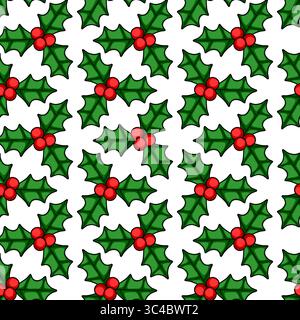 Nahtloses Vektormuster aus stilisierten stechpalmenblättern und Beeren, perfekt für festliche Weihnachtsdesigns, mit leuchtenden grünen und roten Farben. Stock Vektor