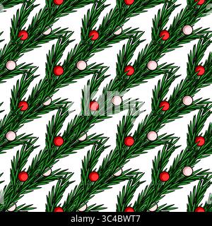 Nahtloses Vektor-Weihnachtsmuster mit stilisierten Kiefernzweigen, die mit roten und rosa Kugeln verziert sind, schaffen ein festliches und elegantes Design, ideal für Winte Stock Vektor