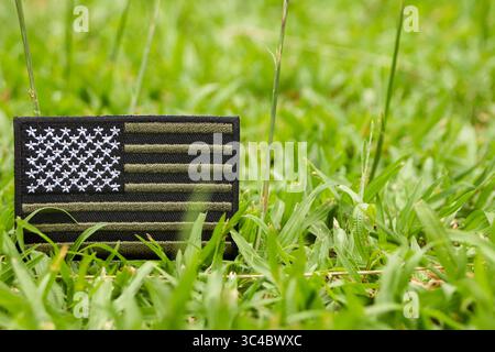 Gedämpfter US-Flaggenaufnäher auf grünem Gras mit Kopierraum. Ein Symbol für friedlichen Patriotismus und umweltbewusste Identität für den Tag der Erde und das Klimabewusstsein. Stockfoto