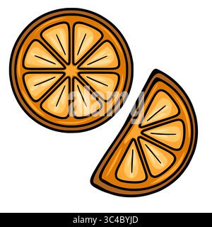 Eine Vektor-Illustration mit einem ganzen orangen und einem halb orangen Schnitt, in einem lebendigen, Cartoonstil mit auffälligen Linien und warmem oran Stock Vektor