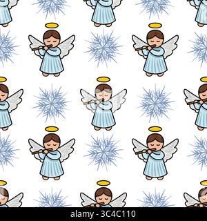 Nahtloses Vektormuster mit entzückenden Cherubic-Engeln, die Flöten inmitten stilisierter Schneeflocken spielen, schaffen ein bezauberndes Weihnachtsdesign. Stock Vektor