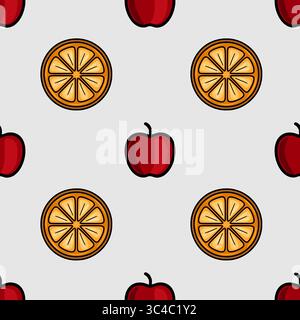 Nahtloses Vektormuster aus stilisierten roten Äpfeln und orangefarbenen Scheiben auf einem hellgrauen Hintergrund, wodurch ein minimalistisches und erfrischendes Design entsteht. Stock Vektor