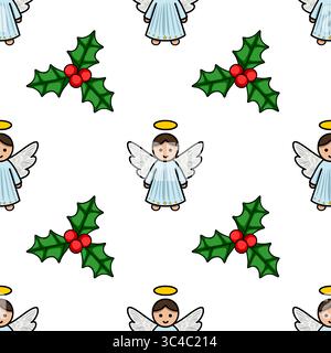 Nahtloses Vektor-Weihnachtsmuster mit entzückenden Cherubic-Engeln mit Halos und Zweigen von stechpalmen-Beeren, die eine charmante und festliche Design-ID schaffen Stock Vektor