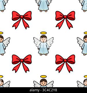Nahtloses Vektormuster mit entzückenden Zeichentrickengeln mit Halos und leuchtend roten Schleifen, perfekt für festliche Weihnachtsdesigns. Stock Vektor
