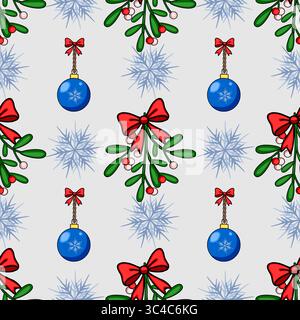 Nahtloses Vektor-Weihnachtsmuster mit Mistel, Schneeflocken und blauen Kugeln, mit leuchtenden roten Schleifen und einem hellgrauen Hintergrund, ideal für fest Stock Vektor