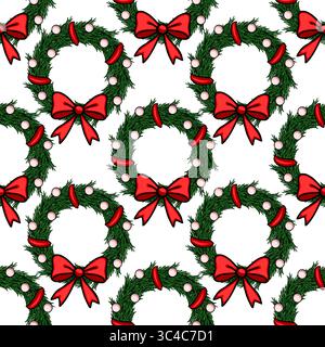 Nahtloses Vektormuster von Weihnachtskränzen mit roten Bögen und Beeren, perfekt für festliche Hintergründe und Winterferiendesigns. Stock Vektor