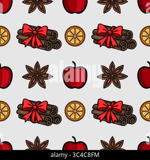 Nahtloses Vektormuster festlicher weihnachtlicher Gewürze: Zimtstangen mit rotem Band, Sternanis, roten Äpfeln und Orangenscheiben auf einem hellgrauen Ba gebunden Stock Vektor