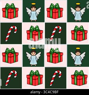 Nahtloses Vektor-Weihnachtsmuster mit bezaubernden Engeln, Geschenkboxen mit grünen Bändern und Zuckerstangen auf einem rosa und grünen karierten Hintergrund. Stock Vektor