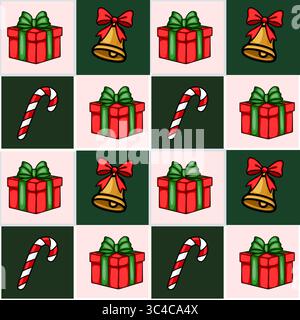 Nahtloses Vektor-Weihnachtsmuster mit bezaubernden handgezeichneten Illustrationen von Geschenkboxen mit Bögen, Jingle-Glocken und Bonbons in einem fröhlichen Rot Stock Vektor