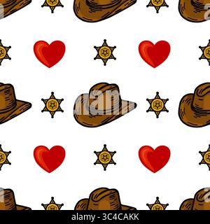 Ein nahtloses Vektormuster mit Cowboyhüten, Sheriff-Abzeichen und roten Herzen auf weißem Hintergrund. Das Design ist verspielt und skurril, sui Stock Vektor