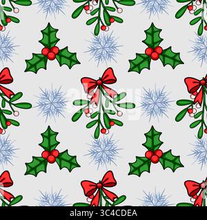 Festliches nahtloses Vektormuster mit Stechpalme, Mistel und Schneeflocken für Weihnachts-Design-Projekte Stock Vektor