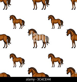 Ein nahtloses Vektormuster mit braunen Pferden im Cartoon-Stil auf weißem Hintergrund. Die Pferde sind in verschiedenen Posen dargestellt, die ihre Tiere zeigen Stock Vektor
