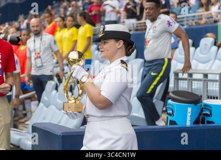 26. Juli 2018: Kansas City, Kansas, Vereinigte Staaten – Kansas City, KS – 26. Juli 2018: Australien besiegte Brasilien 3-1 beim Turnier der Nationen im Children's Mercy Park. (Kreditbild: © Brad Smith/ISIPhotos via ZUMA Wire) Stockfoto
