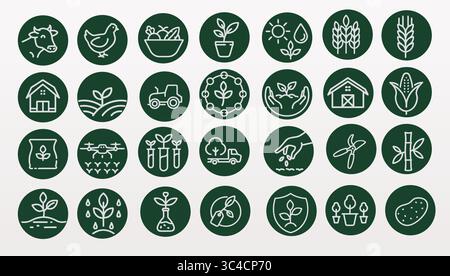 Icons-Kollektion für die Landwirtschaft. Lineare Symbole für die landwirtschaftliche Kultivierung. Drohnenforschung für Viehzucht. Grüner Hintergrund, weißer Linienvektor. Stock Vektor