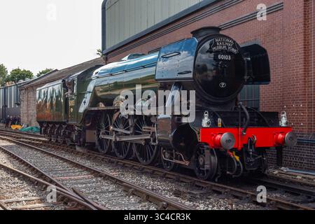 Blick auf den Flying Scotsman in Steam an der Severn Valley Railway in Bridgnorth als Leihgabe des National Railway Museum Stockfoto