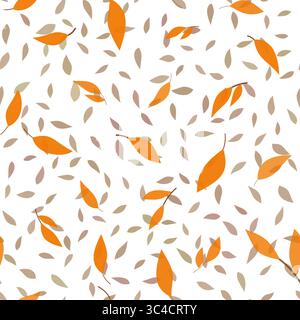 Botanische Einrichtung im Herbst. Braunes orangefarbenes Pflanzenmuster. Zufällige durchscheinende Weidenblätter auf weißem Hintergrund. Einfacher herbstlicher Hintergrund Stock Vektor