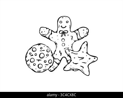 Weihnachtskekse schwarz-weiß Vektor isolierte Illustration. Einfarbiger Lebkuchenmann, Kekse in Stern- und runden Formen, die Zeichnung gravieren. Stock Vektor