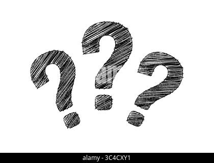 Fragezeichen geschriebener Stift. Fragen Sie wen, warum? Symbol „Hand gezeichnet“. Schwarzes Quiz auf weißem Hintergrund. Quastion Unsicherheit. Anfrage für Zeichnungsfunktionen Stock Vektor