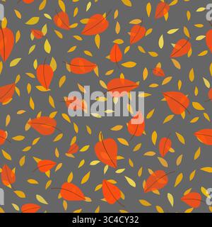 Nahtloses Herbstmuster. Leuchtend orange gelbe Zufallsblätter auf grauem Hintergrund. Positive bunte Herbstfarben. Dekorativer Blumenhintergrund Stock Vektor
