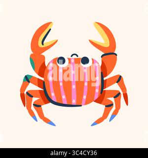 Farbenfrohe Krabben-Ikone. Vektorkrebstier oder Strandtier. Lebendige und farbenfrohe Unterwasserelemente. Clipart des Ozeans, Meeresökosystem. Tropisches Aqua-Speisehabitat in der Schale. Natur und Tierwelt, Biologie. Stock Vektor