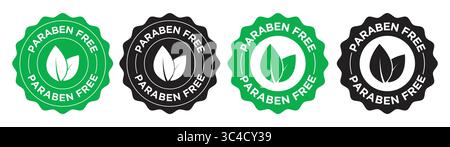 Vektorillustration des freien Stempelaufklebers von Paraben. Parabenfreies Seal-Badge-Set mit Blattsymbol in Grün und Schwarz für Bio-Produktetiketten Stock Vektor